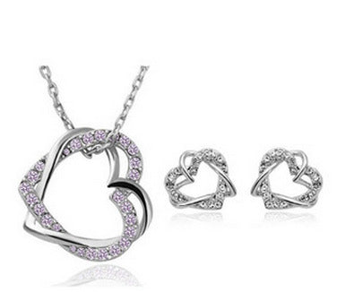 Fashion Factory Jewelry Customized Double Diamond Heart Necklace Earring Set