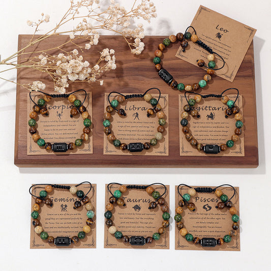 12 Constellation Woven Men's Retro Natural Stone Bracelet